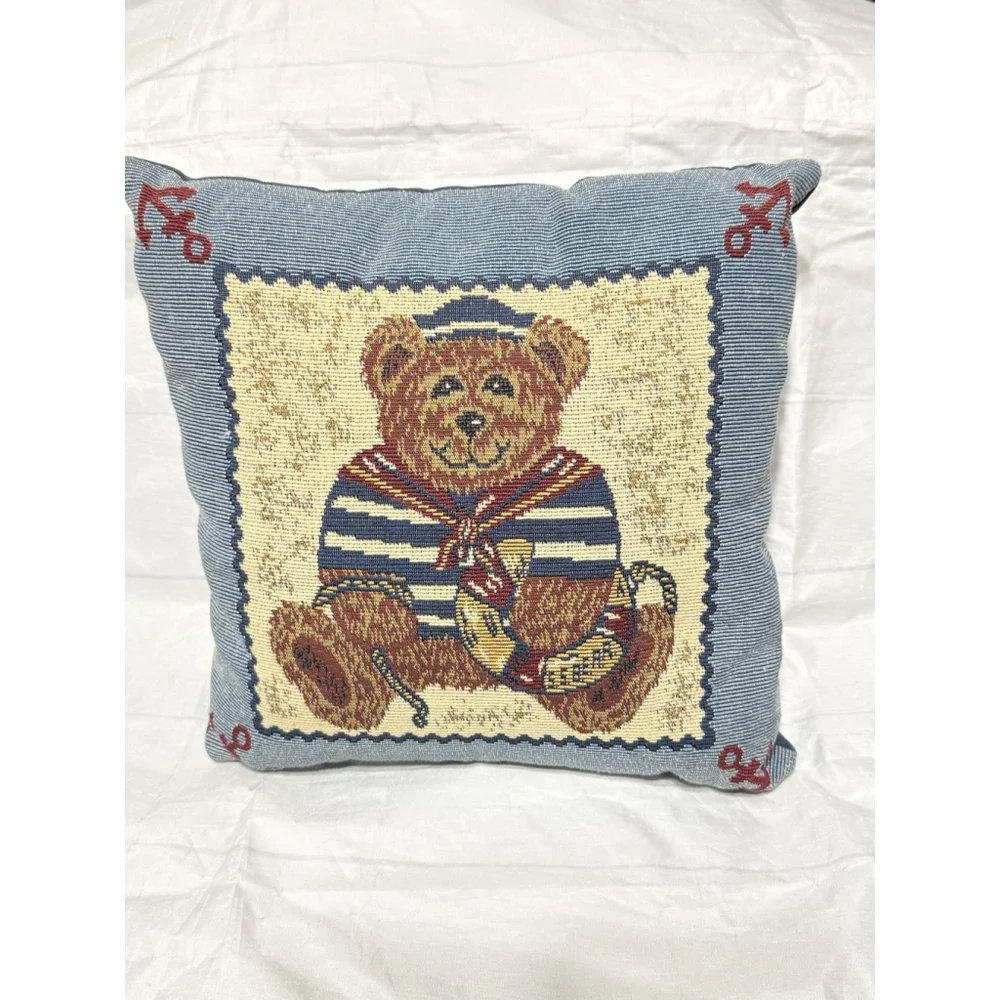 Vintage Needlepoint Tapestry Teddy Bear Sailor Pillow Cross Stitch Embroidery